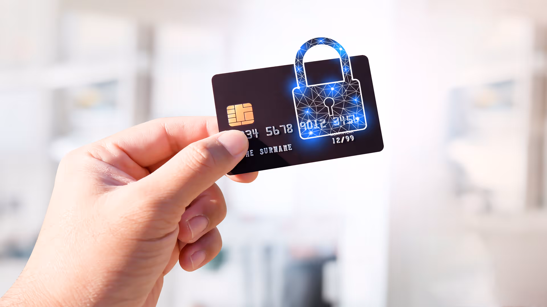 Man holding a credit card with a protected padlock overlaid on it