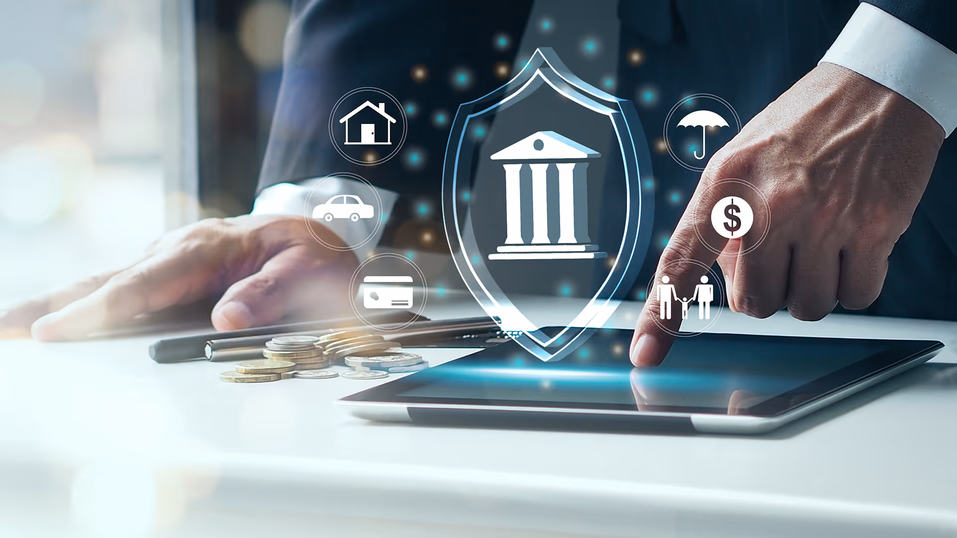 Bank icon hovering over a man using a tablet, representing financial failure insurance