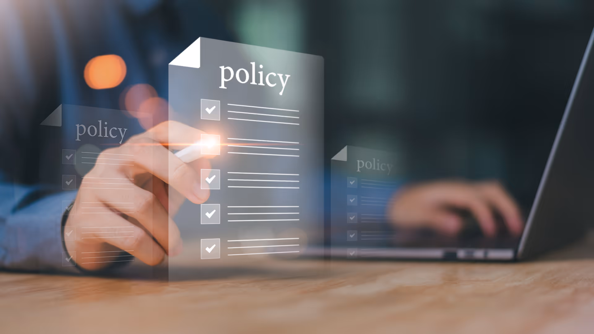 Man ticking holographic policy checkboxes