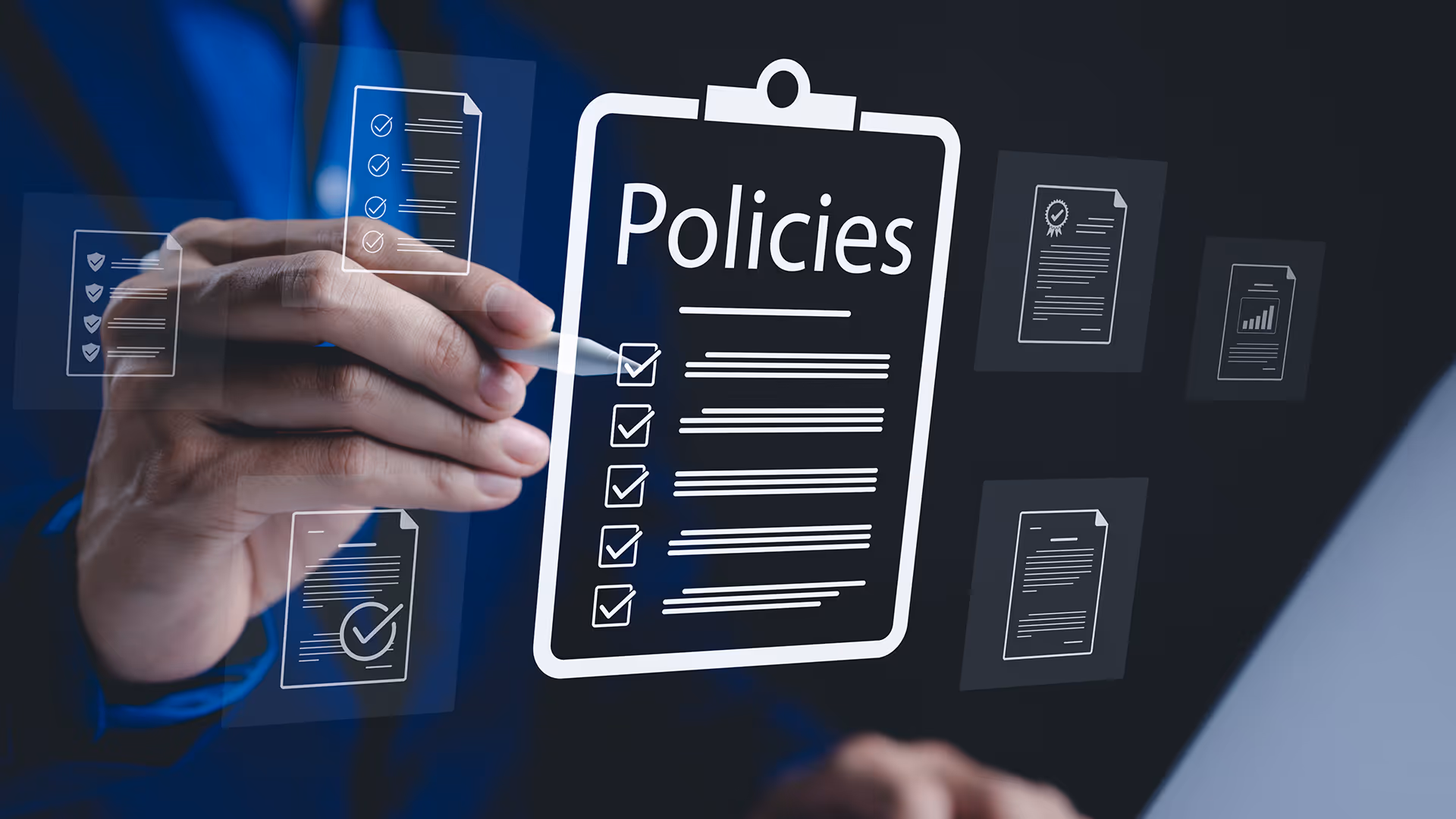 Person ticking a holographic policies clipboard, representing travel insurance policies