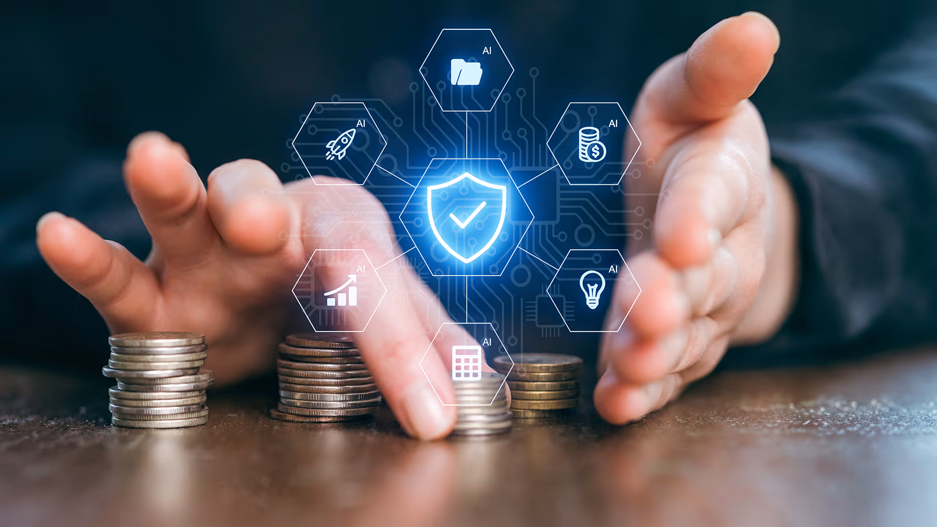Man stacking coins with a shield icon overlaid, representing financial protection