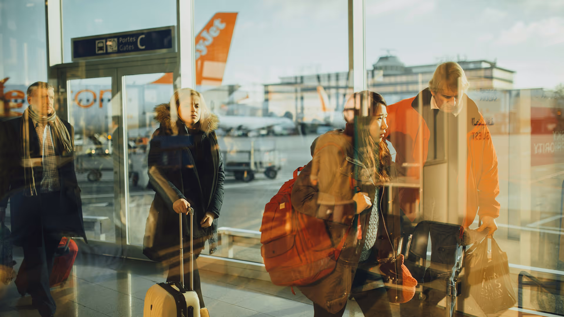Passengers walking through arrivals area of an airport after deboarding a plane