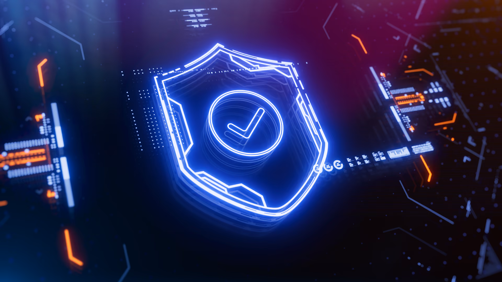 Holographic shield with a tick inside, representing embedded insurance
