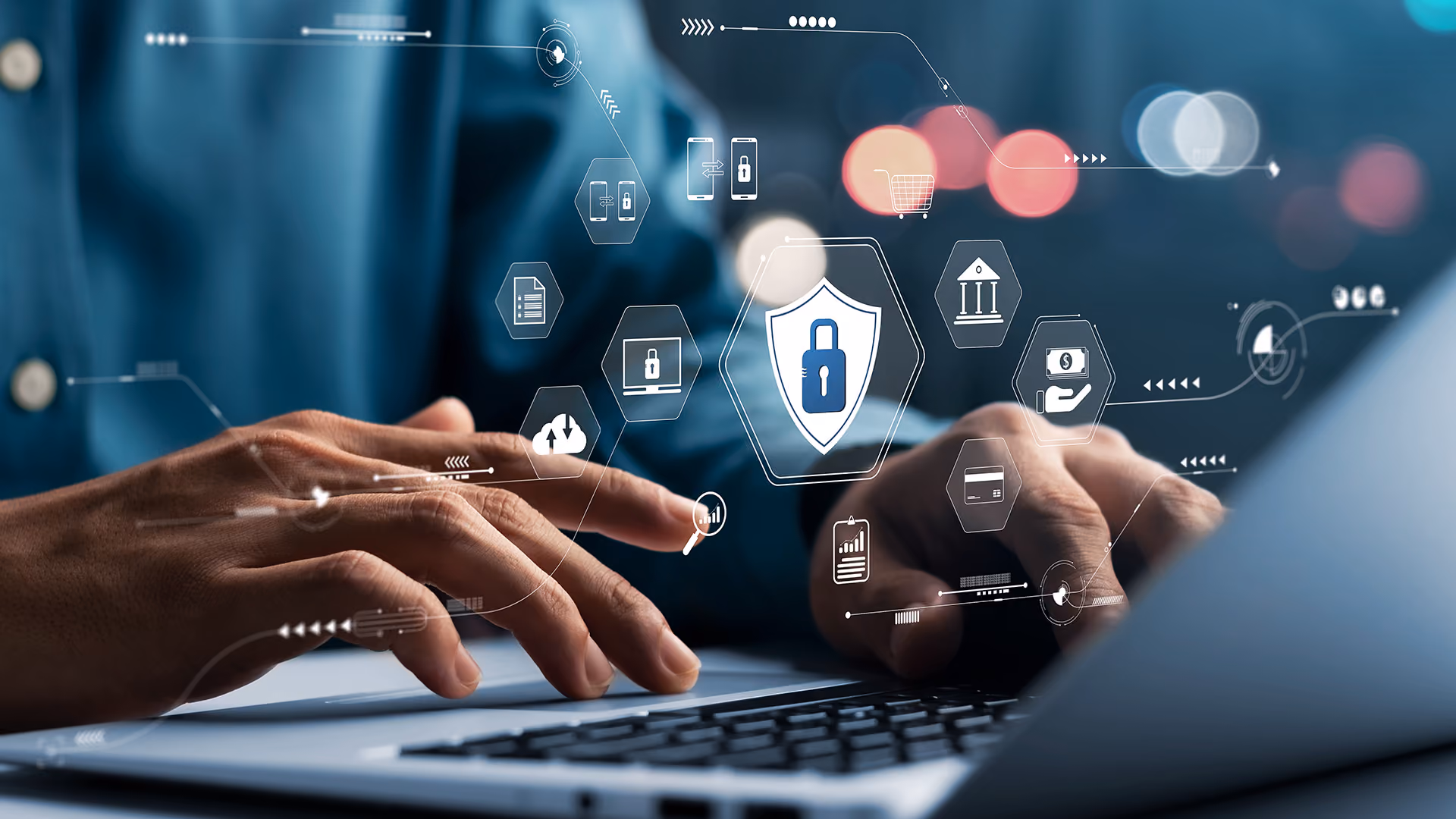 Padlock icon hovering above a laptop, representing business transactions being automatically insured