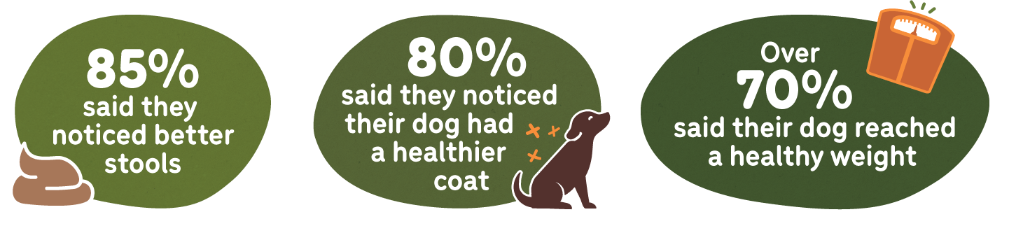 2023 customer survey findings - 85% said they noticed better stools - 80% said they noticed their dog had a healthier coat - over 70% said their dog reached a healthy weight