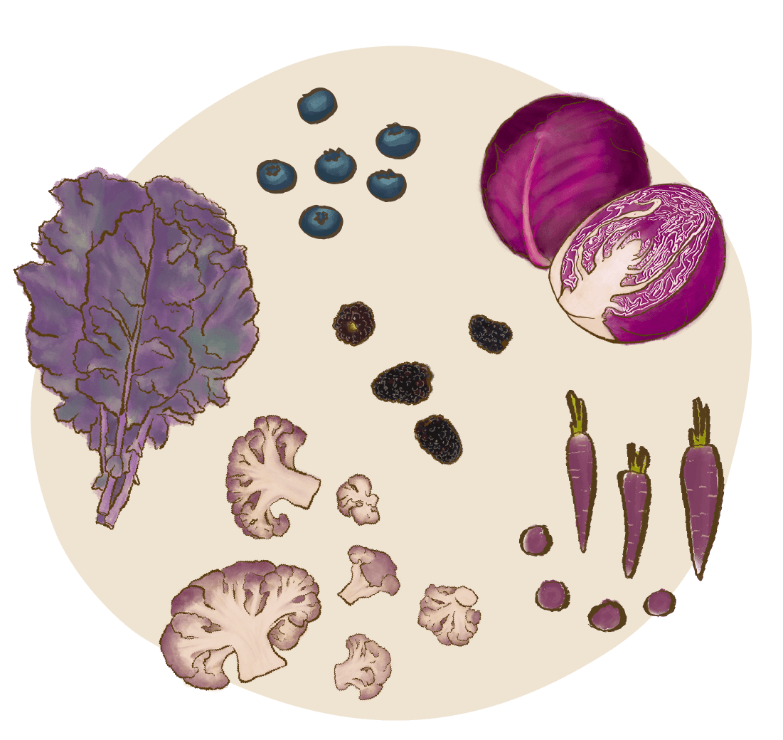 blueberries blackberries kale purple carrots cauliflower cabbage