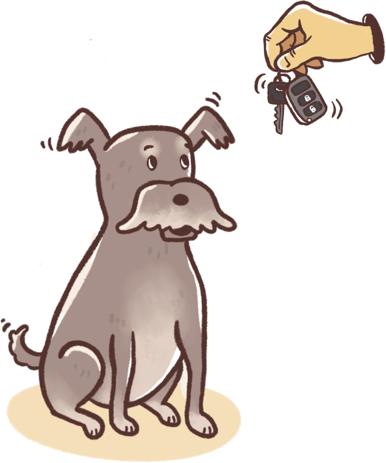 illustration of dog with keys rattling to desensitise departures