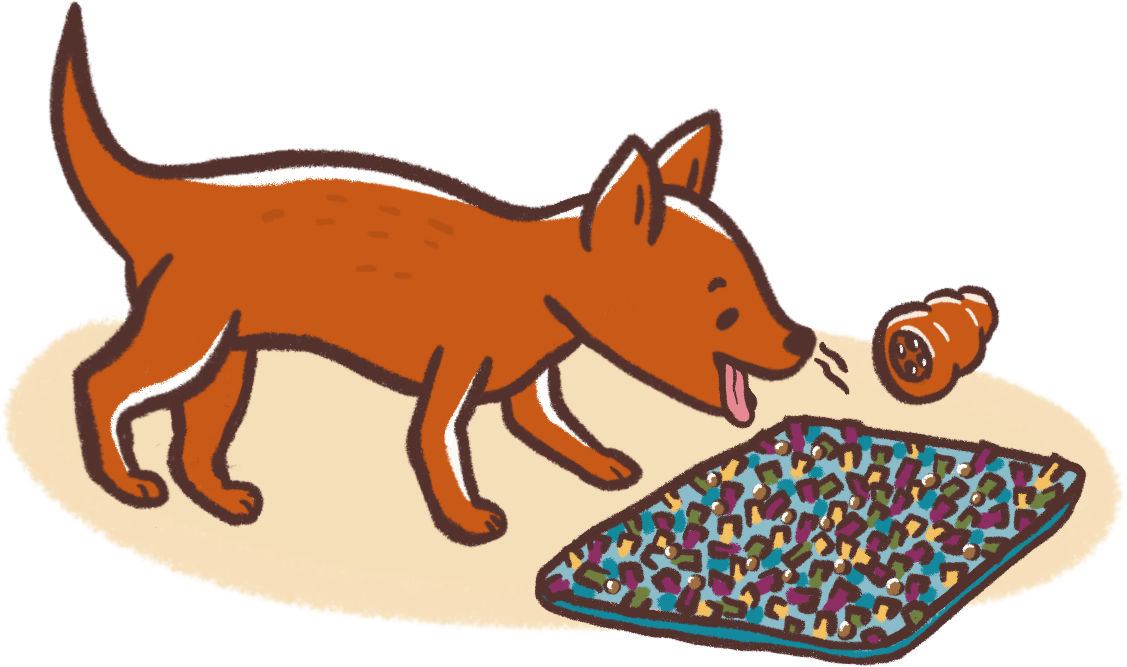 illustration of a dog interacting with a snuffle mat and a kong - scenting