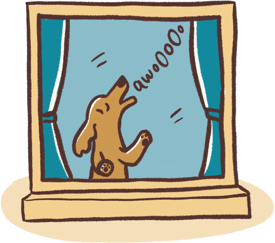 illustration of a dog suffering from separation anxiety - barking and howling at window