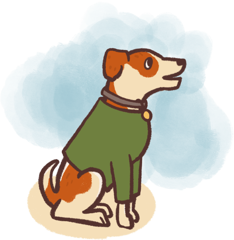 illustration of a dog with a collar wearing a thunder jacket surrounded by pheromone spray - creating a soothing environment