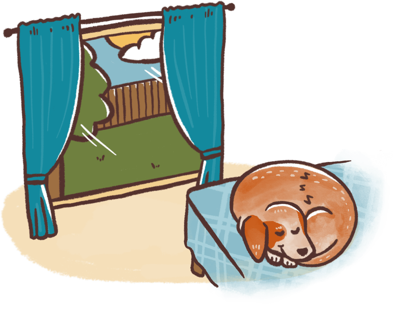 illustration of dog sleeping on human bed during day time