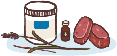 illustration of natural remedies and diet - lavender, probiotic, essential oil, acupuncture and raw patty dog food