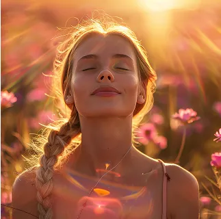 A woman with her eyes closed in a field of flowers.