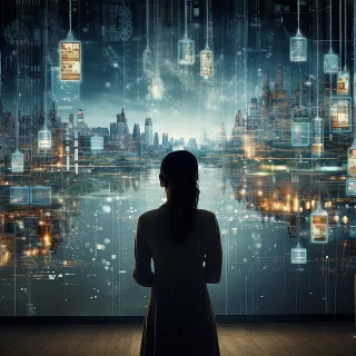 A woman standing in front of a cityscape.