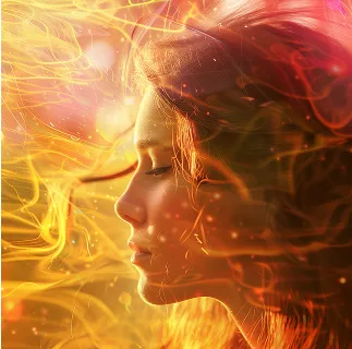 A woman with her eyes closed and her hair blowing in the wind.
