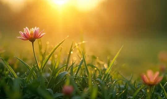 A field of grass with a flower in the foreground.
