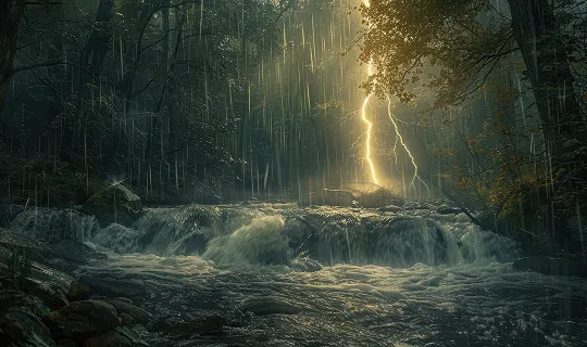 A stream running through a forest filled with lots of trees.