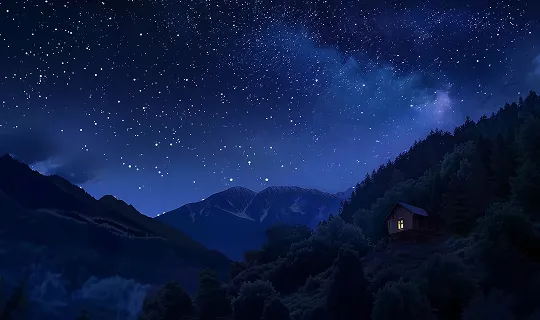 The night sky with stars and a cabin in the foreground.