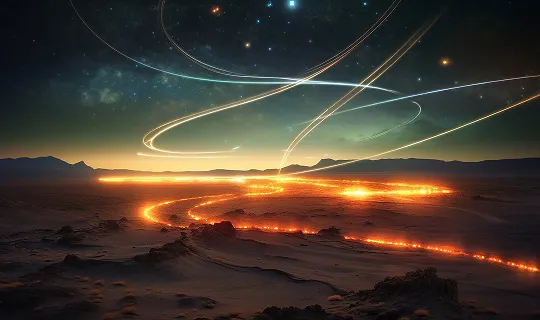 A group of airplanes flying over a desert under a night sky.