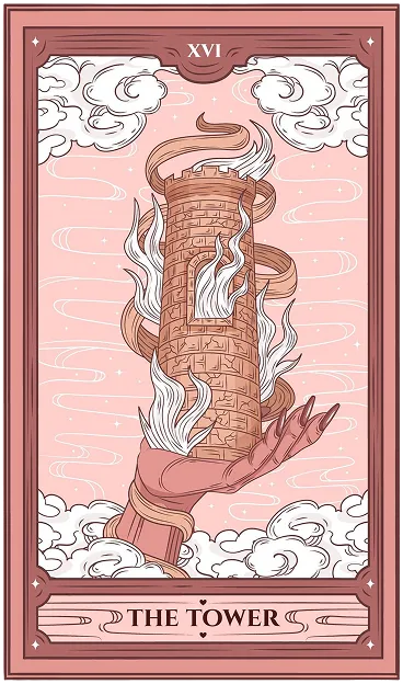 A tarot card with a hand holding a tower.