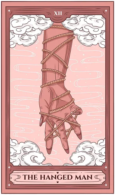 A tarot card with a hand tied to it.