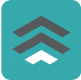 Three upward-pointing chevrons in dark teal, black, and white on a teal square background.