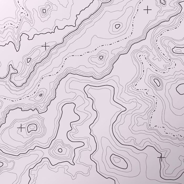 Black contour lines depicting topographic elevation on a pale pink background with four cross markers.