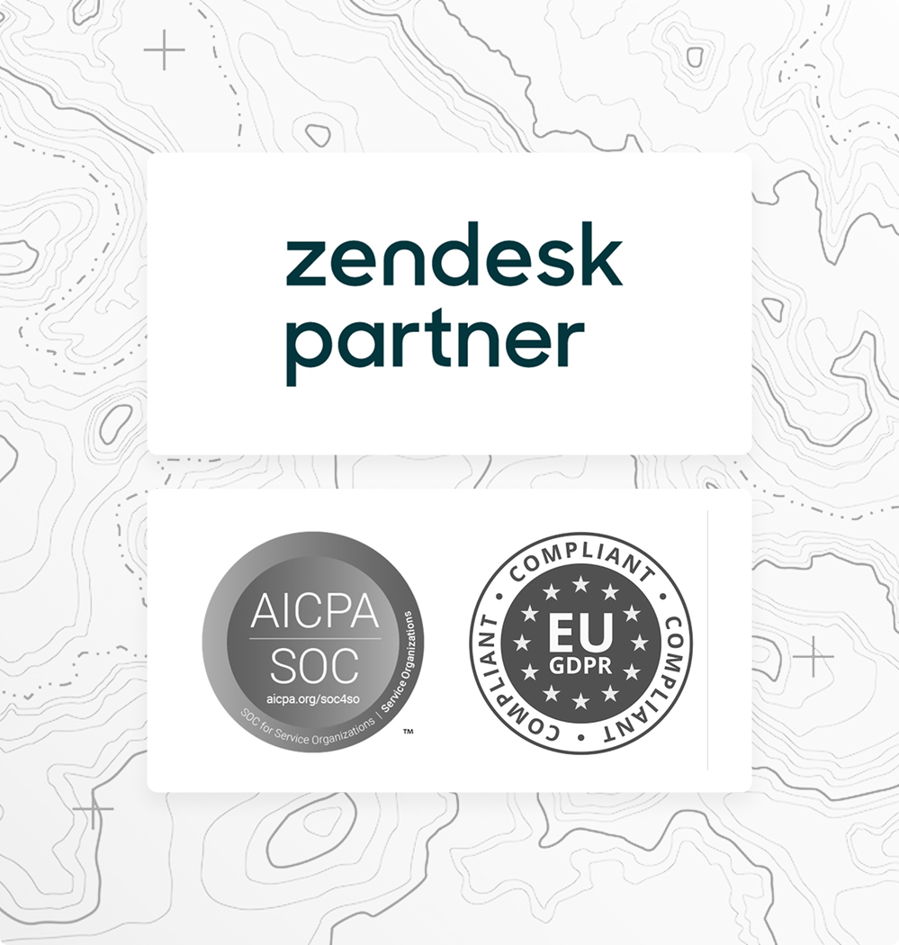 Zendesk partner logo above AICPA SOC and EU GDPR compliant certification seals.