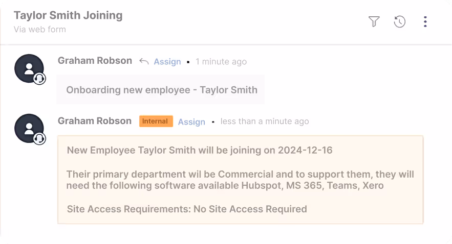 Chat interface showing onboarding details for new employee Taylor Smith joining on 2024-12-16, assigned to Commercial department with required software Hubspot, MS 365, Teams, Xero, and no site access needed.