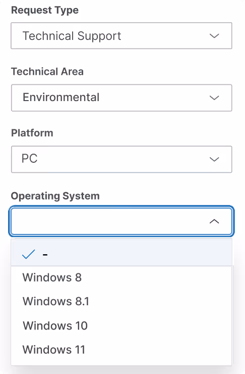 Dropdown menus for request type set to Technical Support, technical area set to Environmental, platform set to PC, and operating system options showing Windows 8, 8.1, 10, and 11.