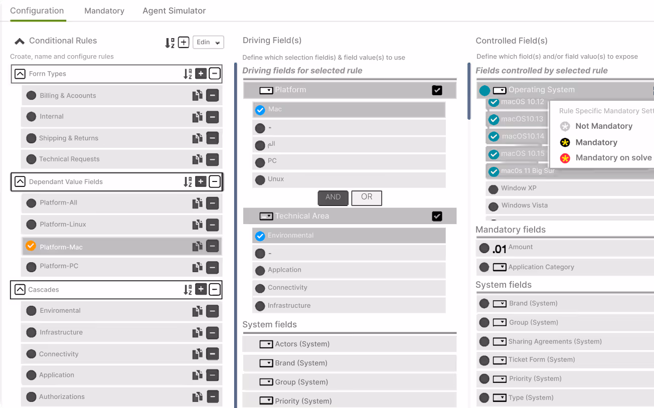 Configuration tab interface displaying conditional rules with sections for Form Types, Dependant Value Fields, Cascades, and columns for Driving Fields and Controlled Fields including options for platform, technical area, and operating system settings.