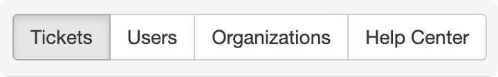 Horizontal navigation bar with four tabs: Tickets (selected), Users, Organizations, and Help Center.