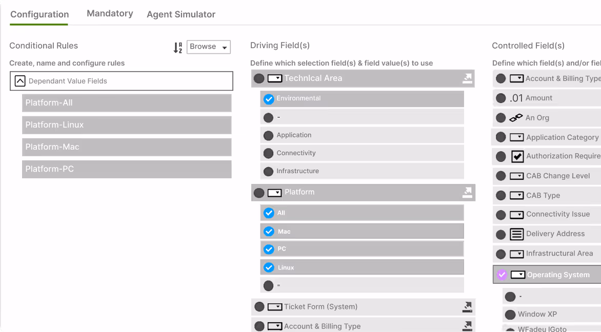 User interface showing Configuration tab with sections for Conditional Rules, Driving Fields including Technical Area and Platform selections, and Controlled Fields with various selectable options.