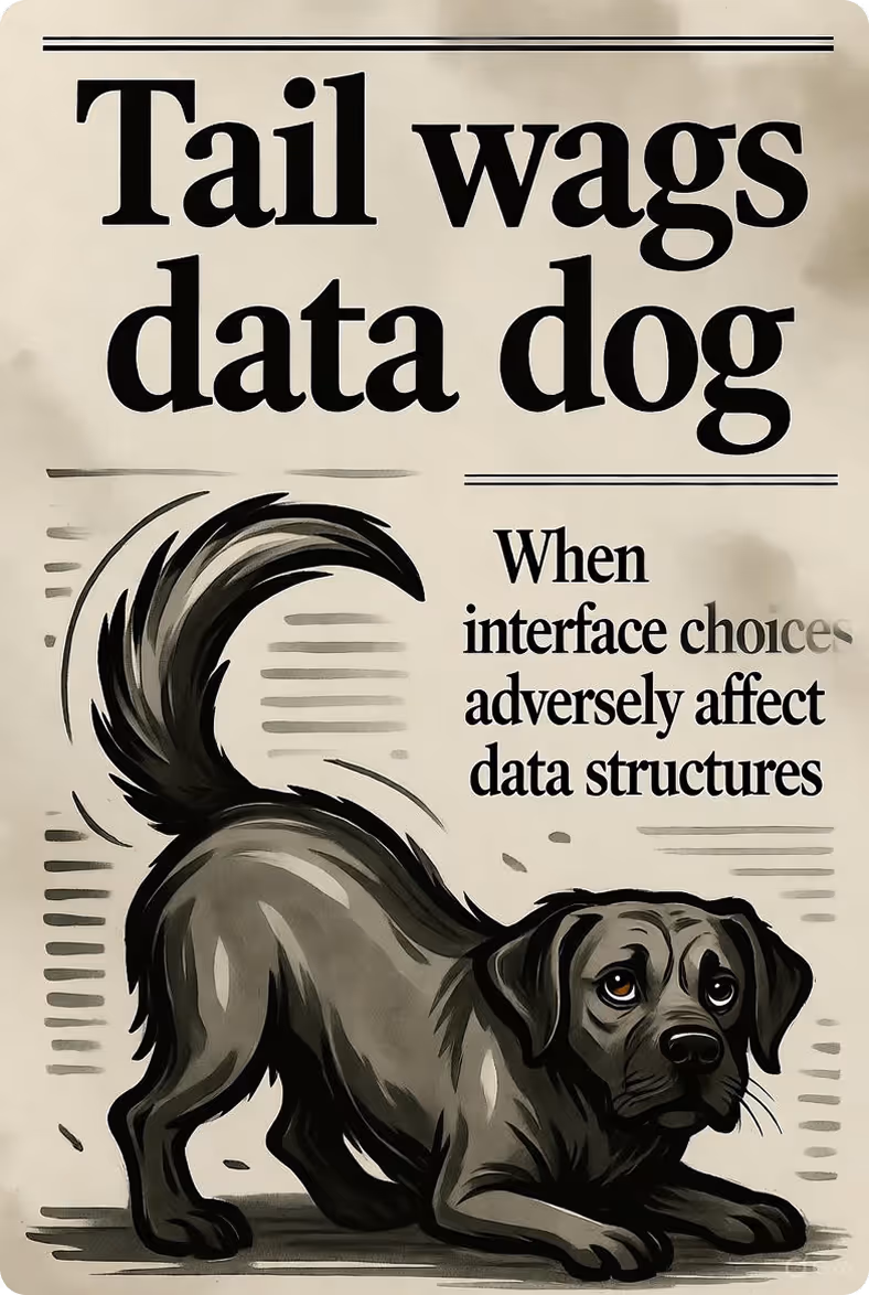 Illustration of a black dog wagging its tail under the headline 'Tail wags data dog' with the subtitle 'When interface choices adversely affect data structures.'