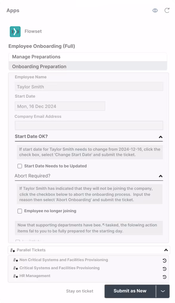 Onboarding form for employee Taylor Smith showing start date 16 Dec 2024 with options to update start date or abort onboarding.