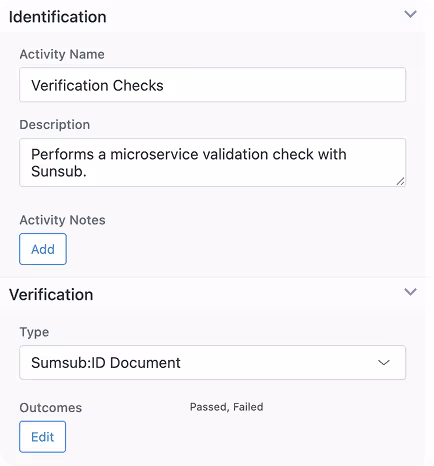User interface showing Identification section with fields for Activity Name as 'Verification Checks', Description as 'Performs a microservice validation check with Sumsb.', and a dropdown for Verification Type set to 'Sumsb:ID Document' with outcomes 'Passed, Failed'.