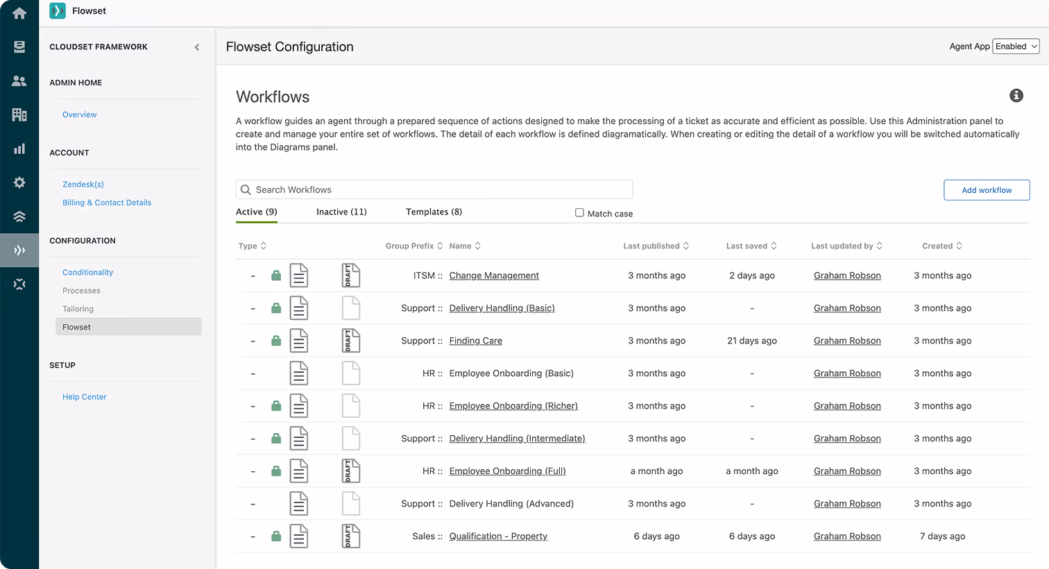 Flowset Configuration interface showing a list of workflows with details like type, name, last published, last saved, last updated by, and created dates.