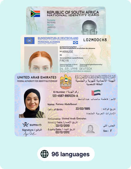 Collage of three different national identity cards from South Africa, Germany, and United Arab Emirates with portraits of cardholders and personal details visible.