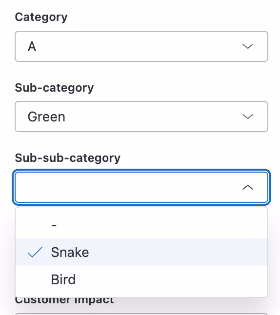 Dropdown menus labeled Category with selected option 'A', Sub-category with selected option 'Green', and Sub-sub-category expanded showing options '-', checked 'Snake', and 'Bird'.