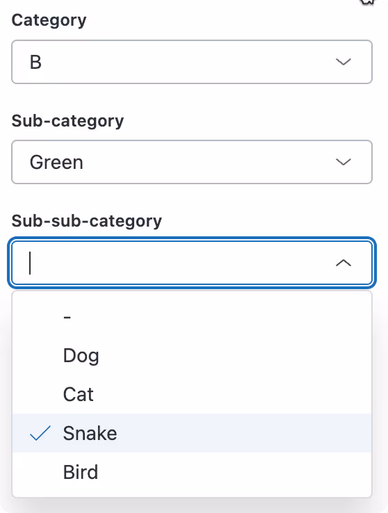 Dropdown menus for selecting Category as B, Sub-category as Green, and Sub-sub-category with options Dog, Cat, Snake (selected), and Bird.