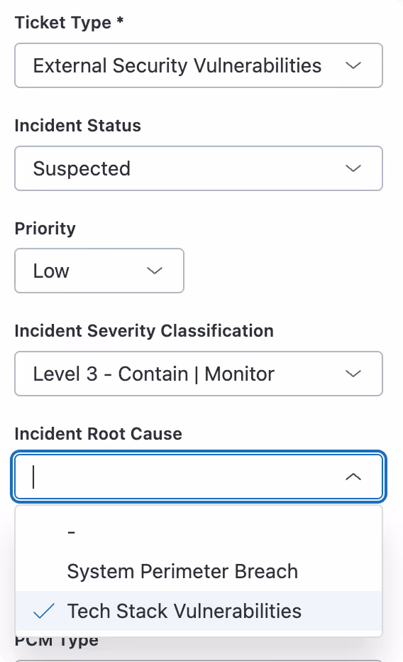 Dropdown form fields showing Ticket Type as External Security Vulnerabilities, Incident Status as Suspected, Priority as Low, Incident Severity Classification as Level 3 - Contain | Monitor, and Incident Root Cause dropdown opened with options including System Perimeter Breach and Tech Stack Vulnerabilities selected.