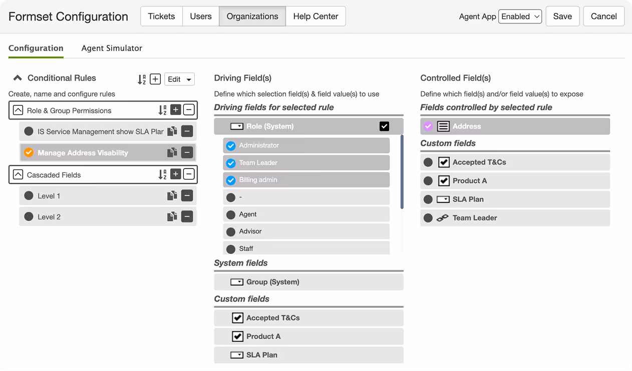 Formset Configuration interface showing tabs Tickets, Users, Organizations, Help Center and active tab Organizations, with sections for Conditional Rules, Driving Fields, and Controlled Fields including options for role-based field visibility and permissions.