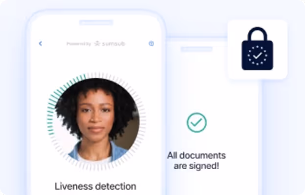 Mobile screen showing liveness detection with a woman's face, a checkmark, and text stating all documents are signed, alongside a lock icon symbolizing security.