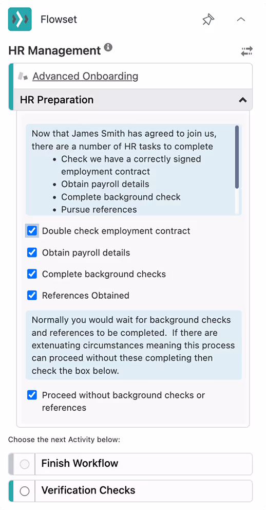 HR Management screen showing HR Preparation tasks with checkboxes, including employment contract, payroll details, background checks, references, and option to proceed without background checks or references, plus next activity selection for Workflow or Verification Checks.