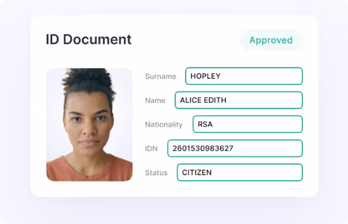 ID document with a photo of a woman and details: Surname Hopley, Name Alice Edith, Nationality RSA, IDN 2601530983627, Status Citizen, with an Approved status.