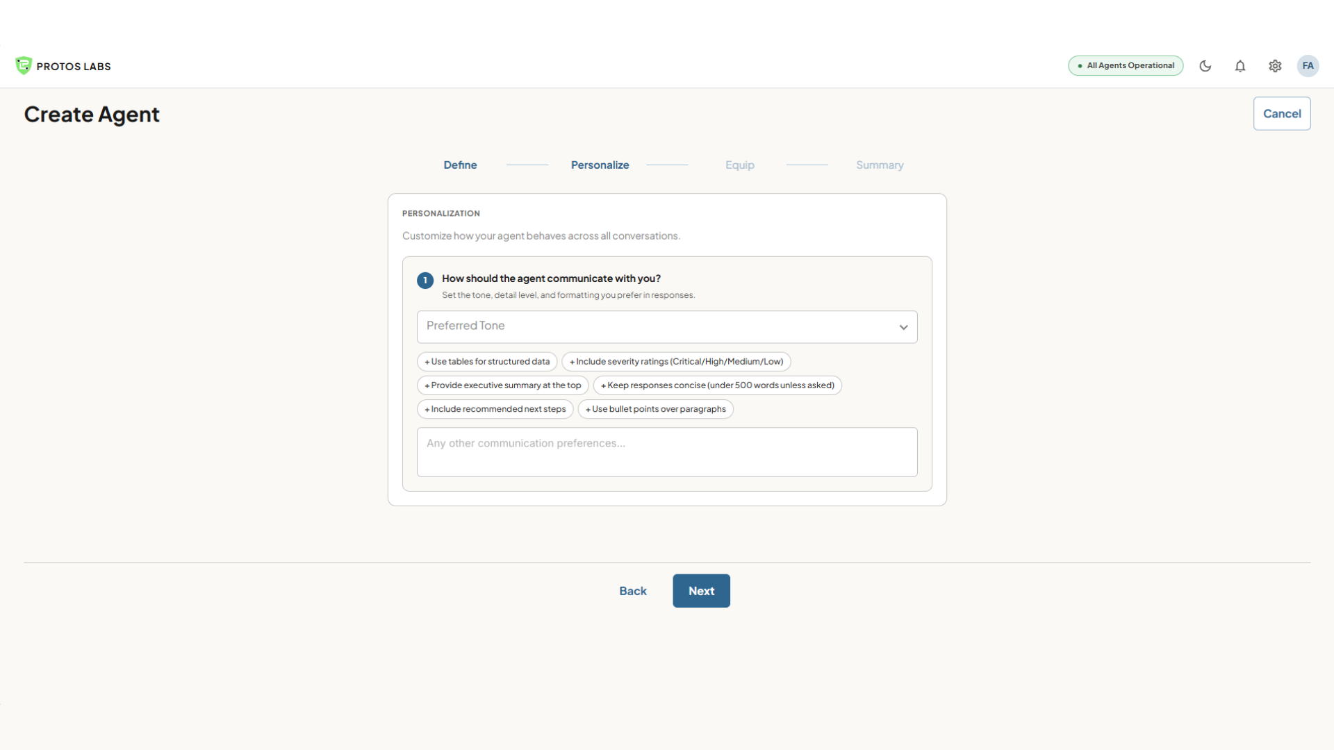 Protos Labs agent creation — personalise AI agent capabilities and assign roles for cyber threat intelligence or insurance underwriting