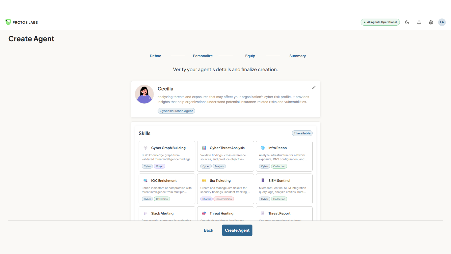 Protos Labs agent deployment — review and launch configured autonomous AI threat intelligence agent