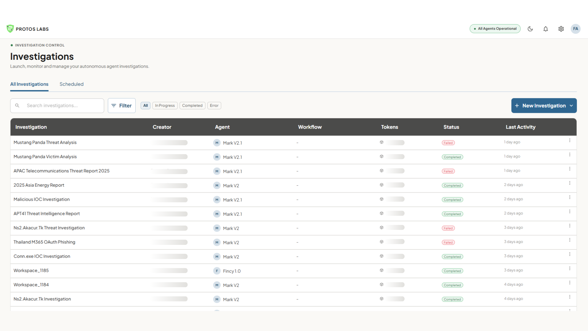 Protos Labs Investigations dashboard — monitor and manage multiple concurrent autonomous AI cyber threat intelligence investigations