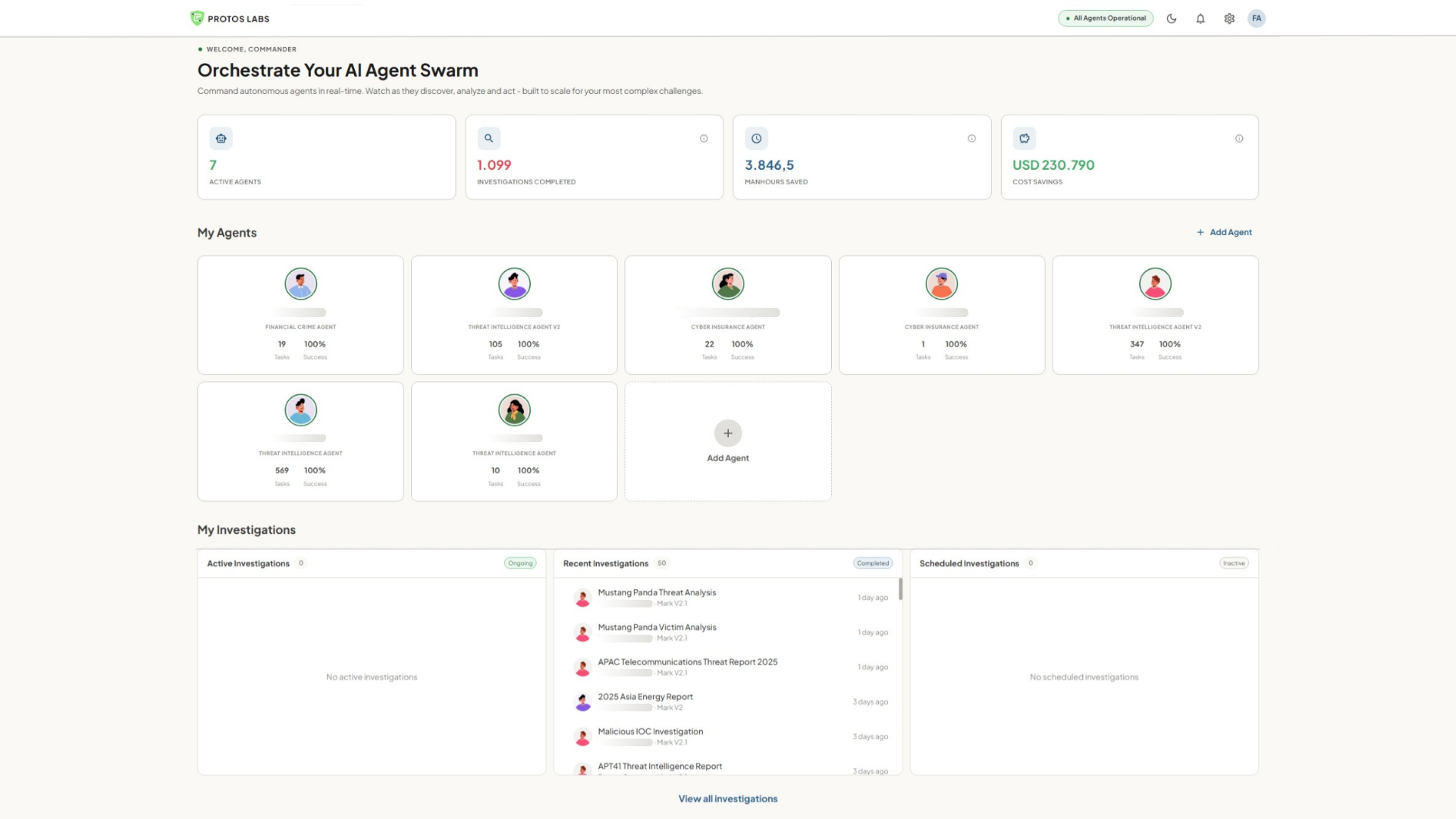 Protos Labs Command Centre — AI agent swarm dashboard showing active agents, investigation status, and real-time operational metrics