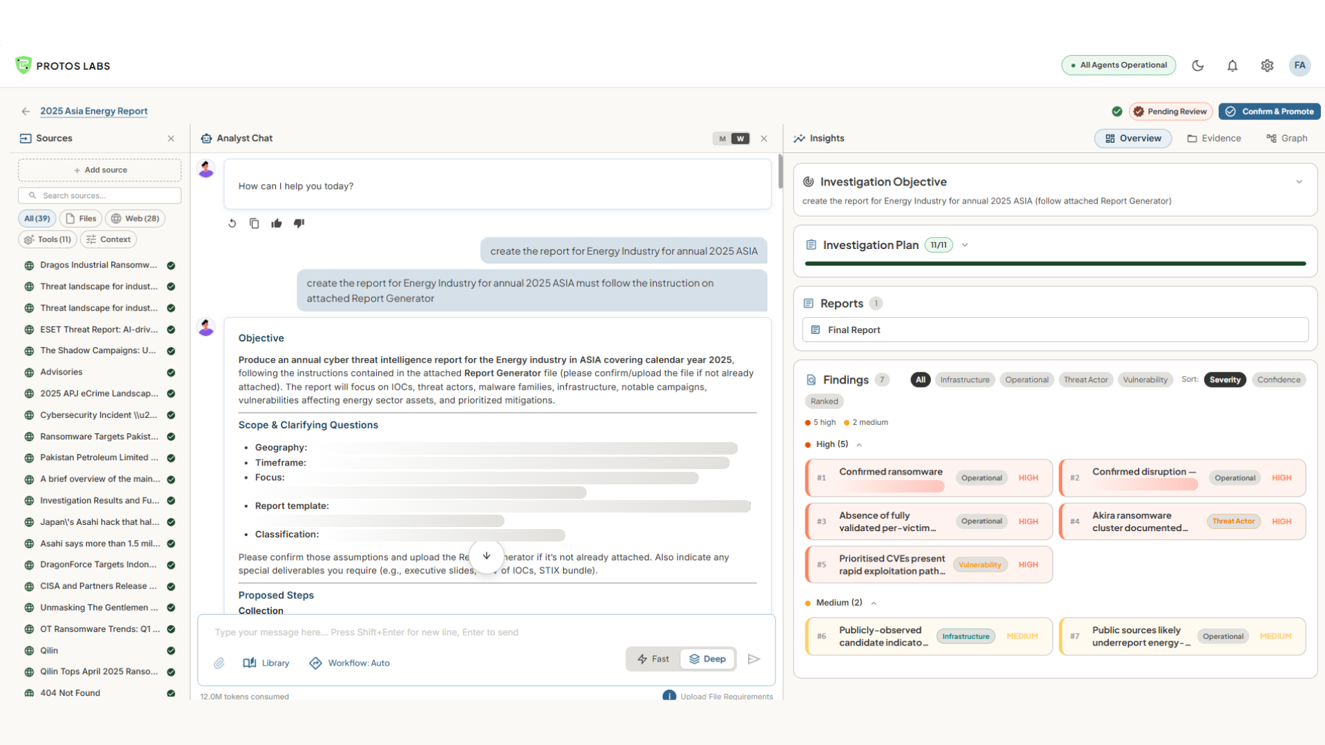 Protos Labs AI investigation workspace — three-panel interface with agent activity, evidence collection, and structured intelligence findings